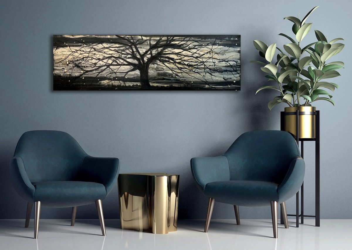 Black and Gold Abstract Tree Landscape by Carol Wood