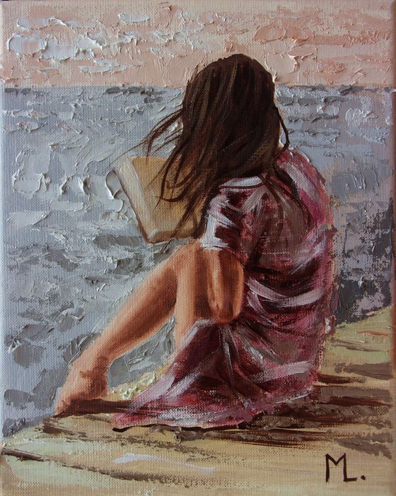 " BOOK LOVER ... IX " original painting sea summer palette knife GIFT brown