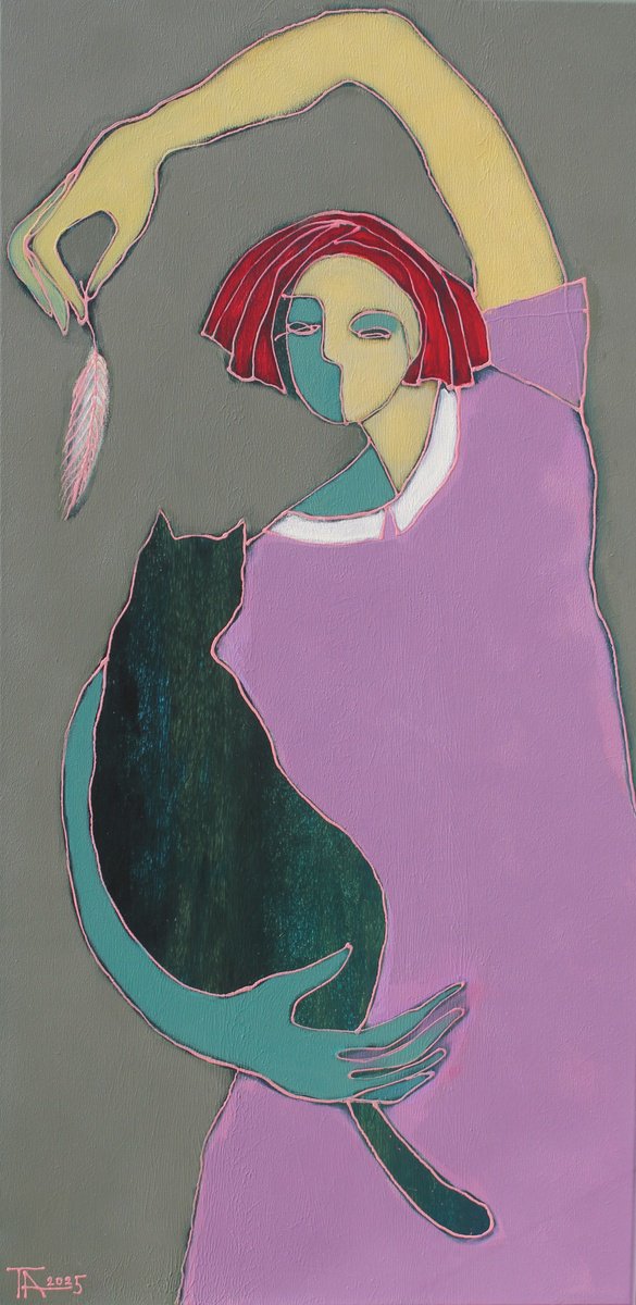 Expressive Portrait Acrylic Painting By Tatjana Auschew, 20 X 39", Play With Me..., Original Artwork