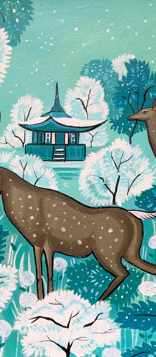 Deer in winter forest by Mary Stubberfield