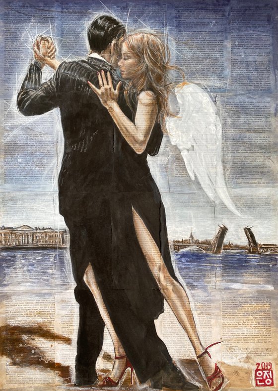 Tango at the riverbank  / ink and coffee on book pages