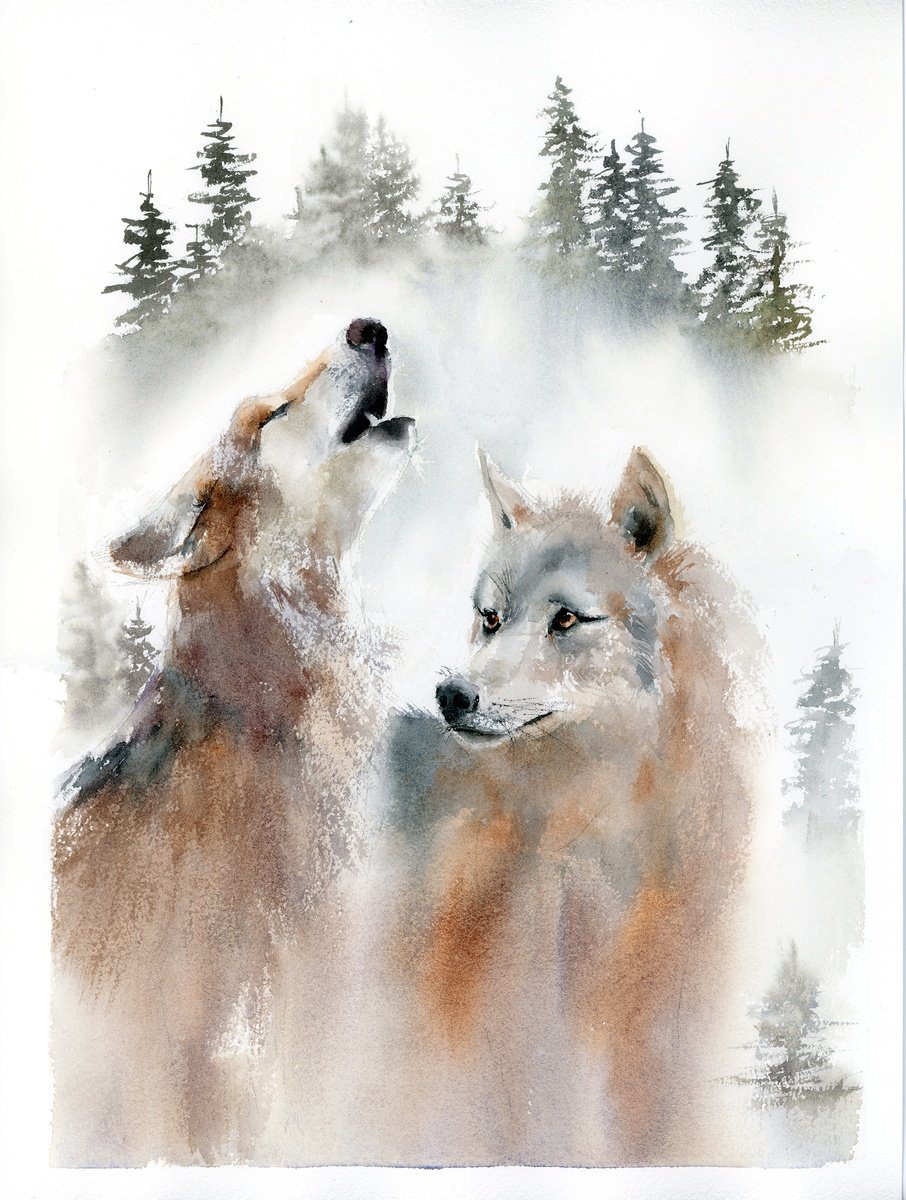 Expressive Animal Watercolour By Olga Tchefranov (Shefranov), 11 X 15", Wolves, Original Artwork