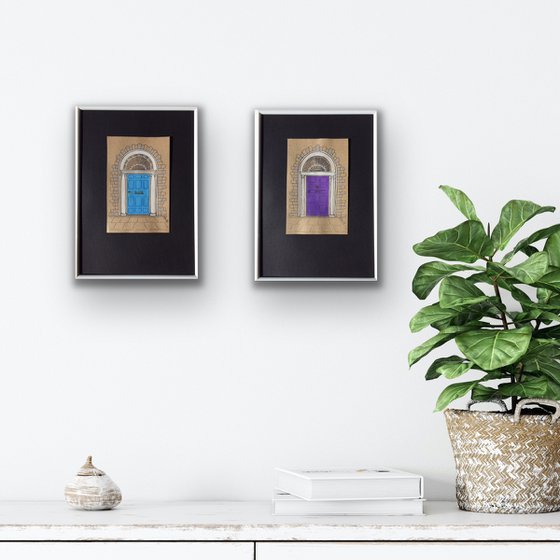 Violet and azure doors - Set of 2 architecture mixed media drawings in frames