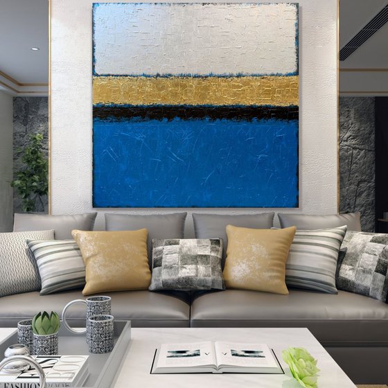 Blue Infinity - XL LARGE,  TEXTURED, GOLD LEAF ABSTRACT ART – EXPRESSIONS OF ENERGY AND LIGHT. READY TO HANG!