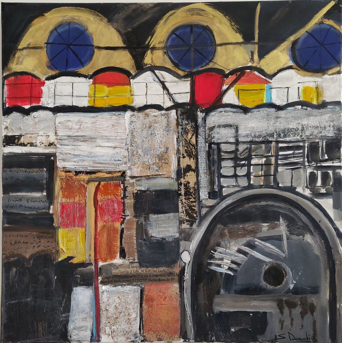 Abstract Painting By Sylvie Dodin, 39 X 39", Old Textile Mill, Original Artwork