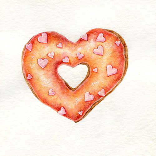 Cute watercolor donut with little hearts by Liliya Rodnikova