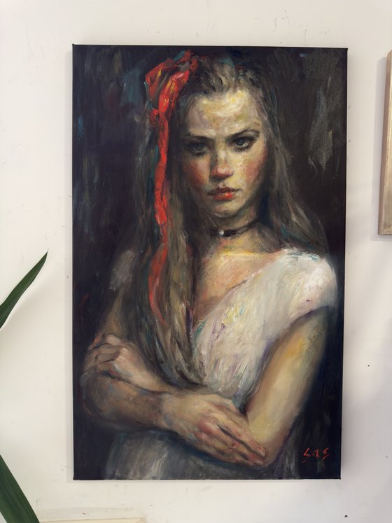 Girl with a red bow. After.