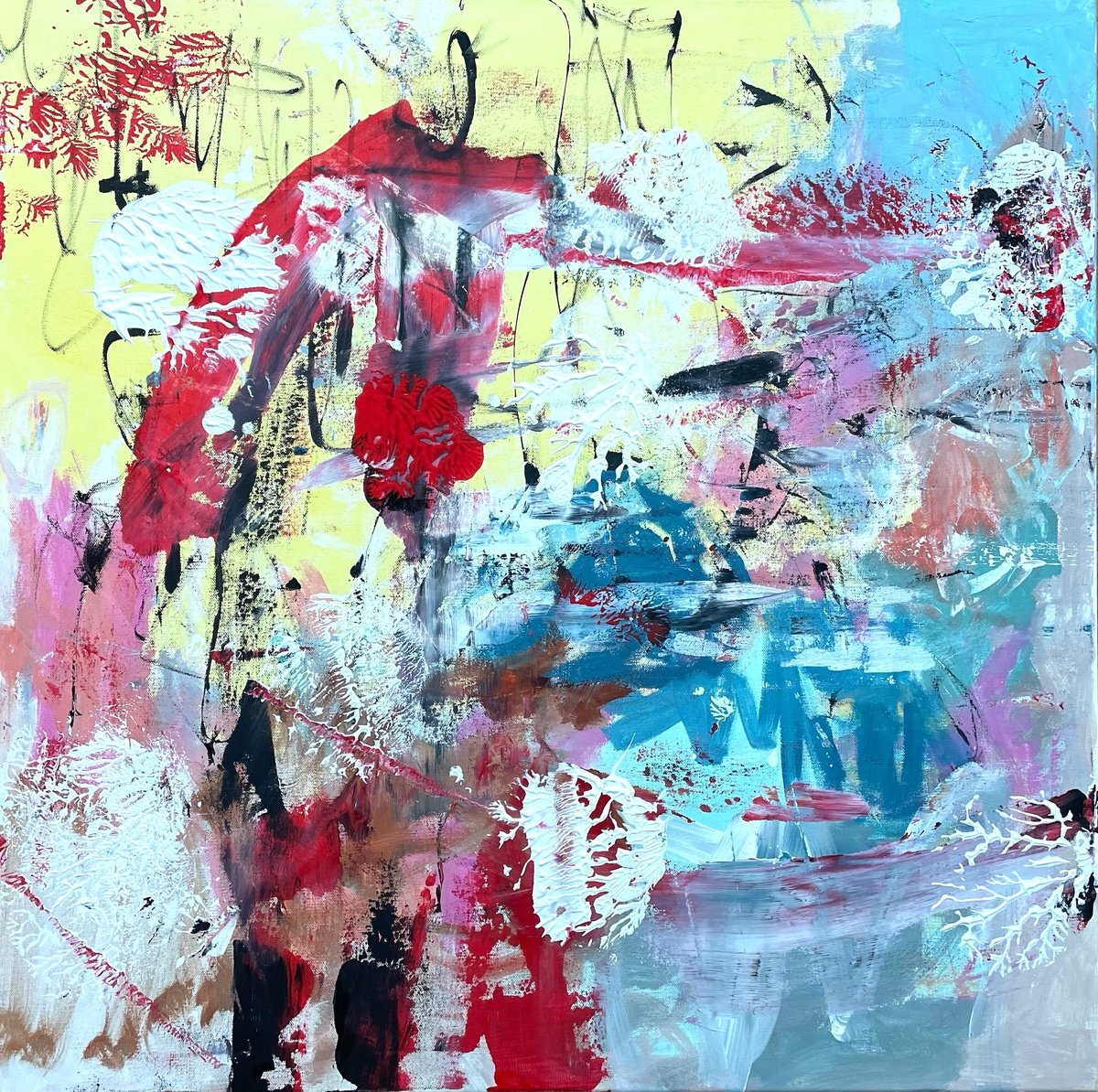 Expressive Abstract Acrylic Painting By Christel Haag, 31 X 31, What A Surprise, Original Artwork