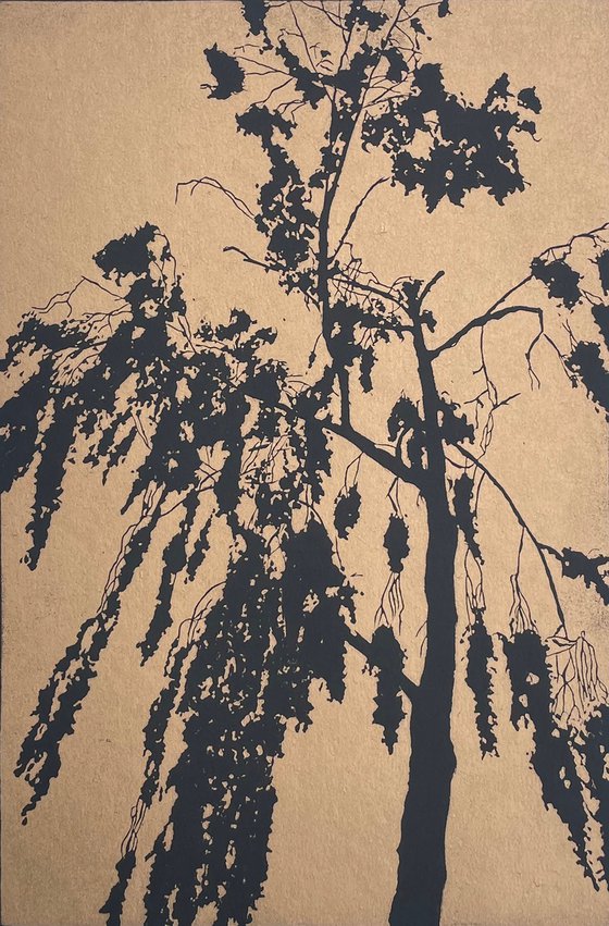 Golden Birch - Birch tree Linocut Print