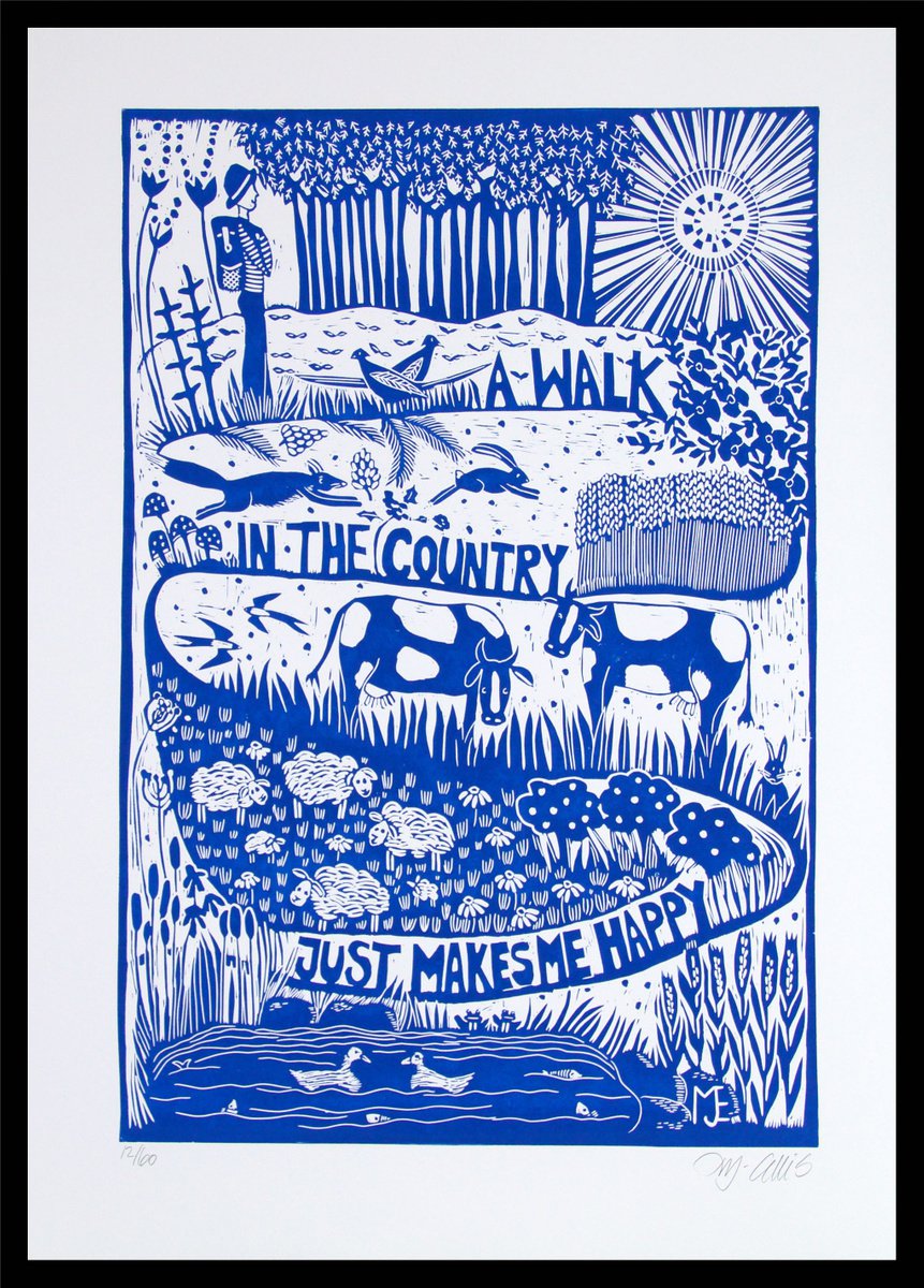 Illustrative Landscape Linocut By Mariann Johansen-Ellis, 20 X 27", A Walk In The Country, Original Artwork