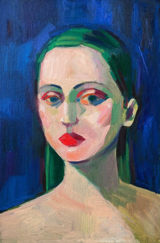 Portrait of Woman with Green Hair