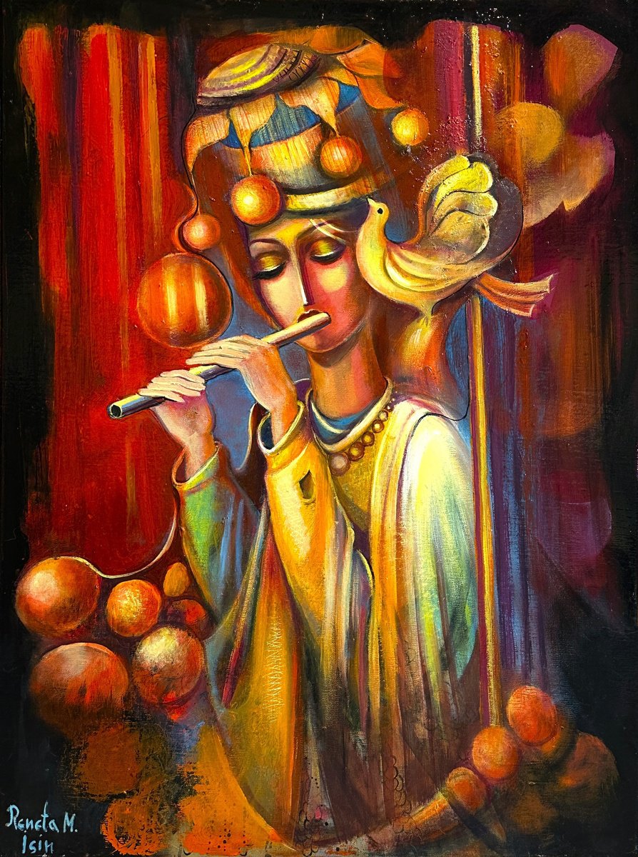 Expressive Portrait Oil Painting By Reneta Isin, 24 X 31", Forest Melody, Original Artwork