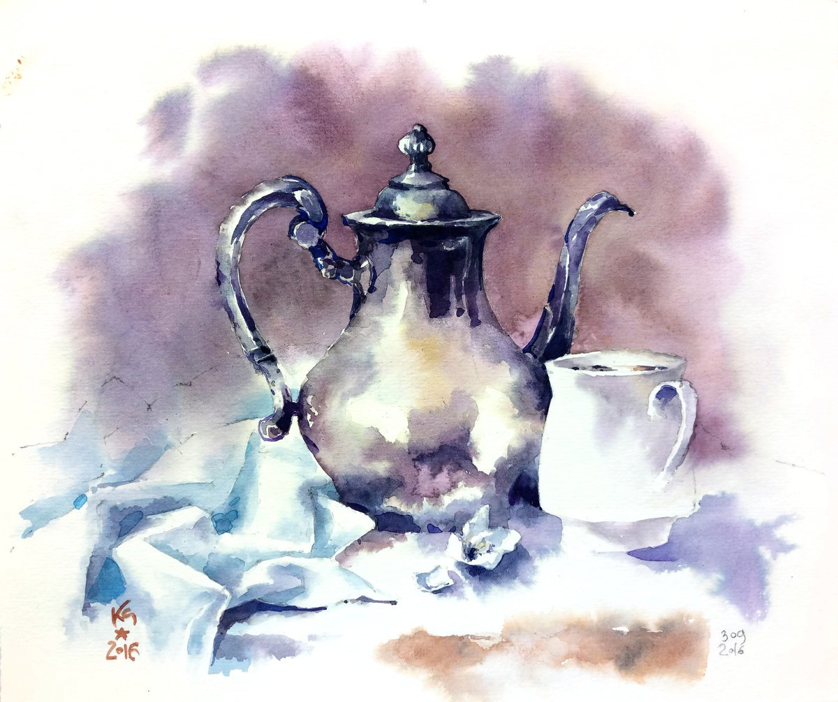 Modern still life Tea drinking with flowers original watercolor sketch by Ksenia Selianko