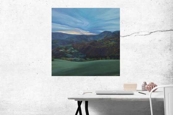 Sunset mountain landscape oil painting