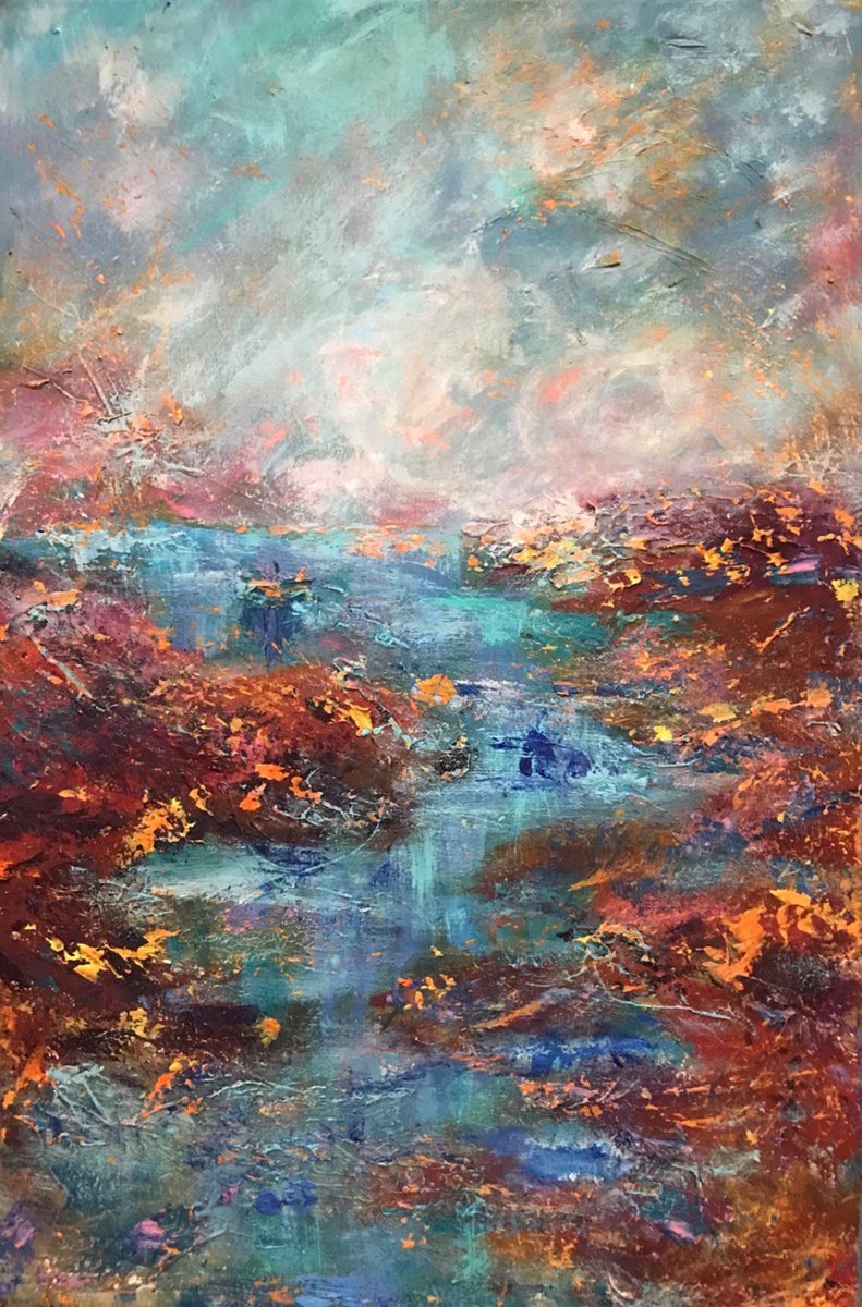 Abstract Landscape Acrylic Painting By Tetiana Pchelnykova, 16 X 24", River Of Light, Original Artwork