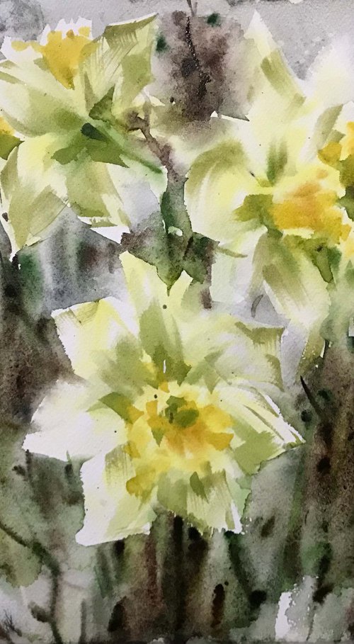 Spring yellow flowers. One of a kind, original painting, handmad work, gift. by Galina Poloz