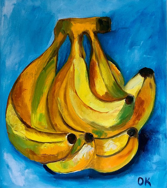 Bananas on  turquoise  Still life. Palette knife painting on linen canvas