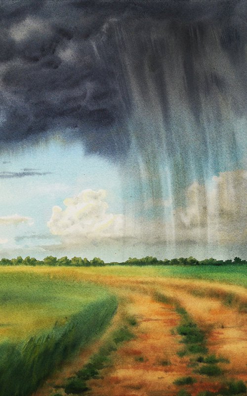 Thunderstorm Out In the Fields by Olga Beliaeva Watercolour