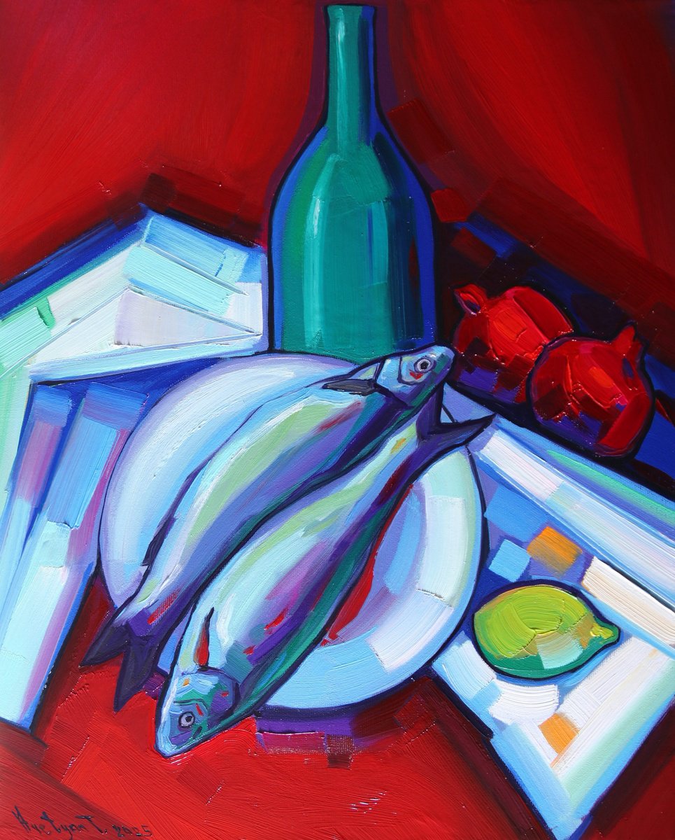 Expressive Still Life Oil Painting By Tigran Avetyan, 16 X 20", Still Life With Fish, Original Artwork