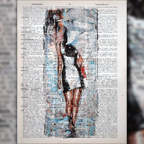 White Umbrella 4 - Collage Art on Large Real English Dictionary Vintage Book Page