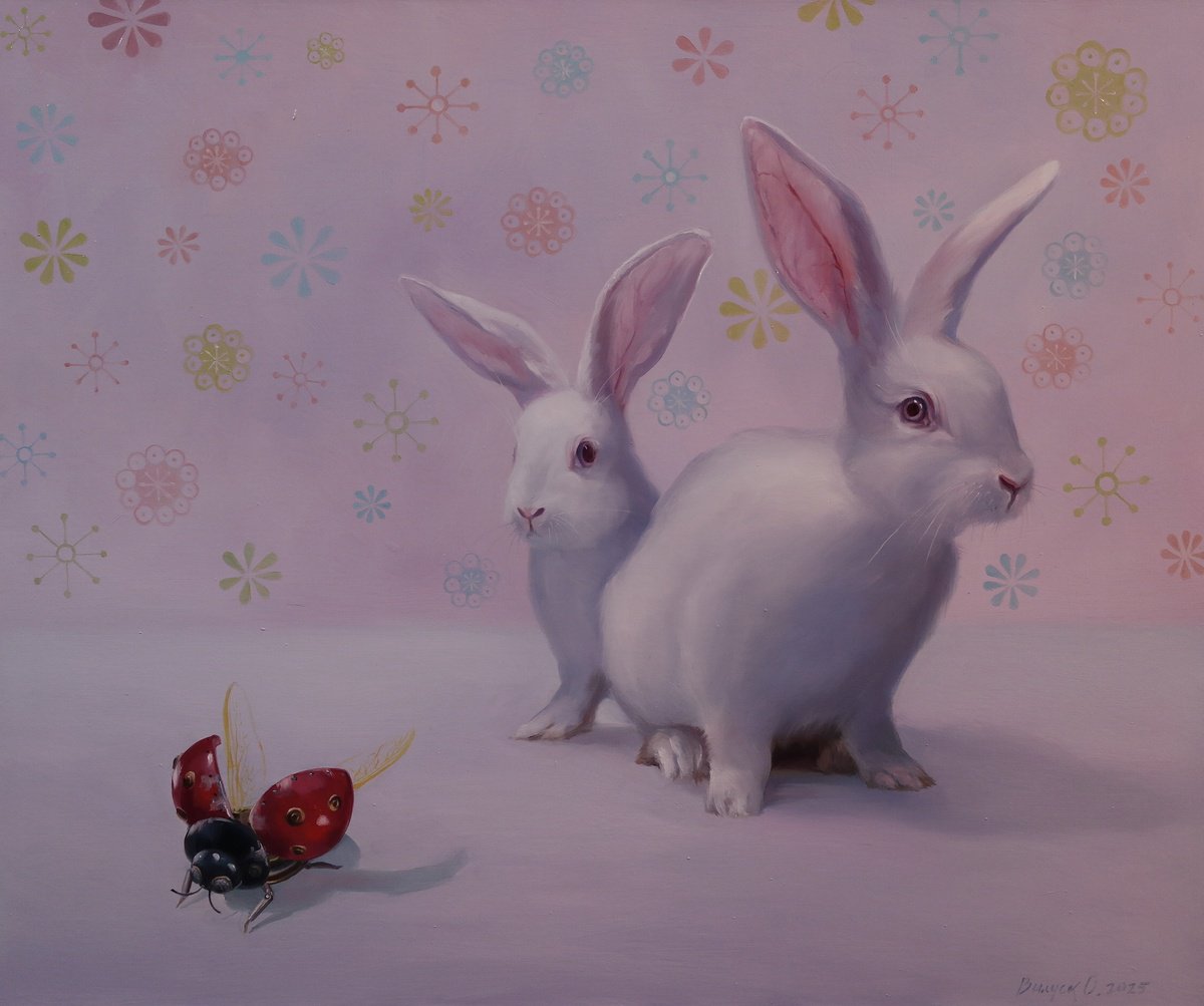 Illustrative Animal Oil Painting By Lena Vylusk, 24 X 20", "Rabbits And Ladybug", Original Artwork