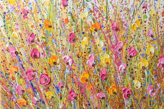 Bright Yellow Meadow - Wildflower Field Textured Painting