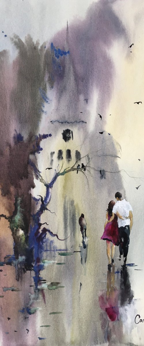 Watercolor “Afternoon walk” by Iulia Carchelan