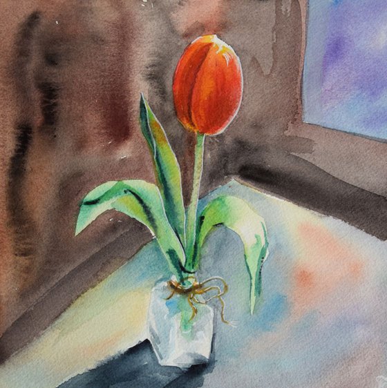 Flower tulip original watercolor painting, Mother's Day gift, botanical still life