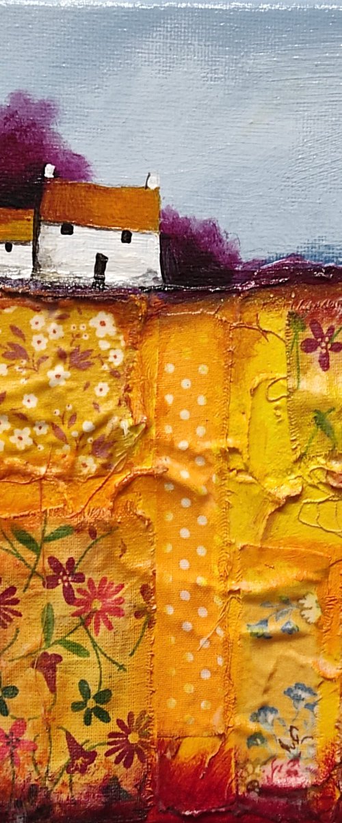 Golden patchwork Field Textured Landscape by Jane Palmer Art