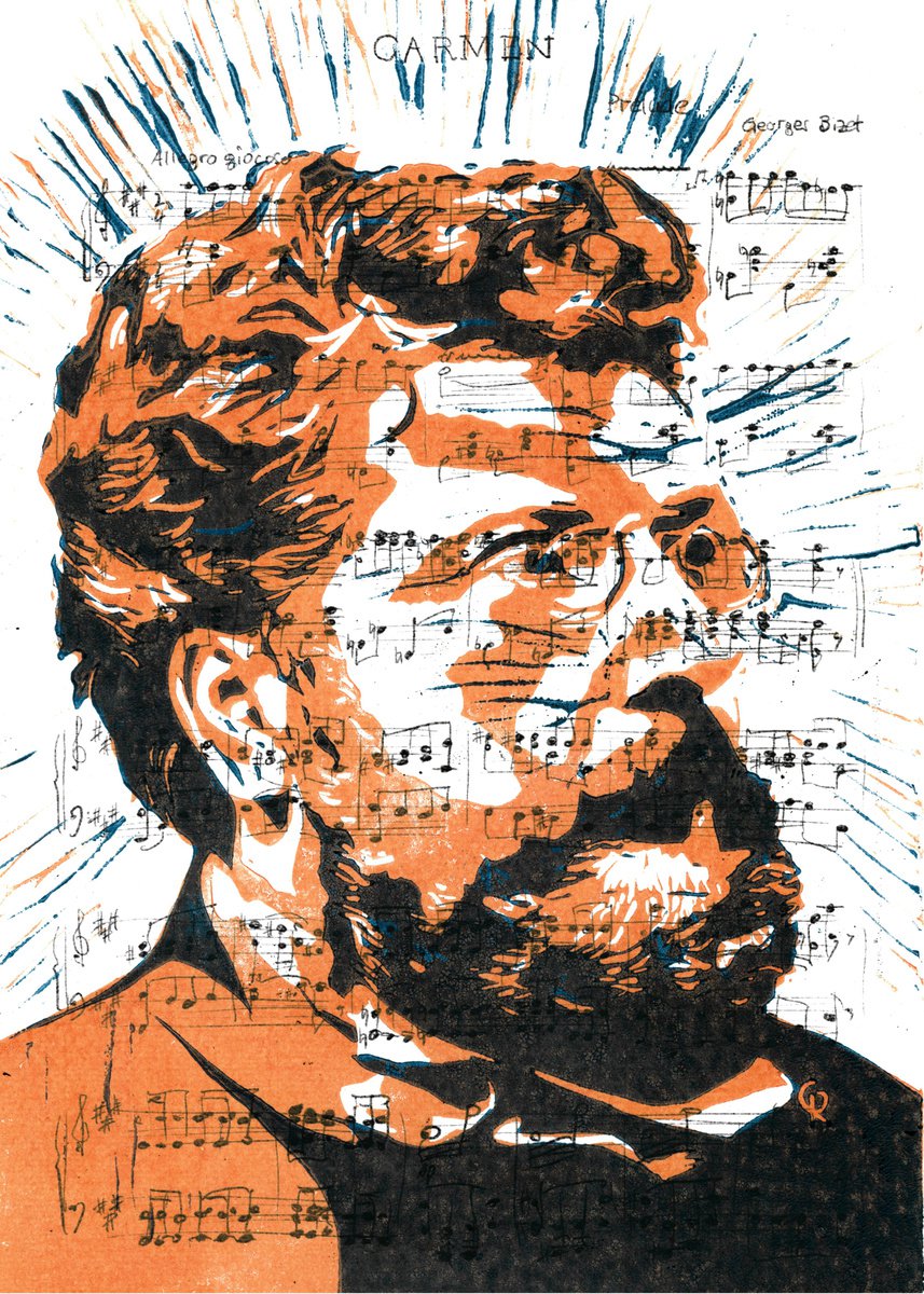 Composers - Georges Bizet - Portrait on notes in orange and blue by Reimaennchen - Christian Reimann