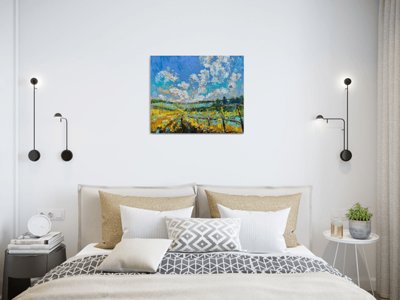 Fields - Yellow mood, 50*60 cm, impasto impressionistic landscape oil painting in yellow and blue colours