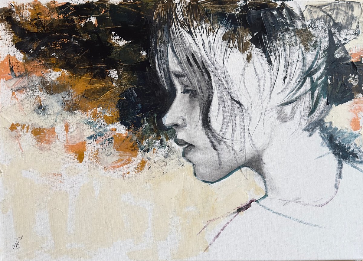 Impressionistic Portrait Acrylic Painting By Nikola Gulev, 28 X 20", "Empathy Ii", Original Artwork