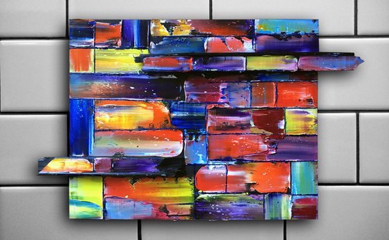"Fit Us In" - Original PMS Assemblage Sculptural Painting On Wood - 26 x 16 inches