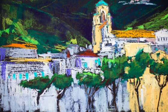 Amalfi. View from the sea. Cities of my dreams series. Medium oil pastel drawing bright colors italy