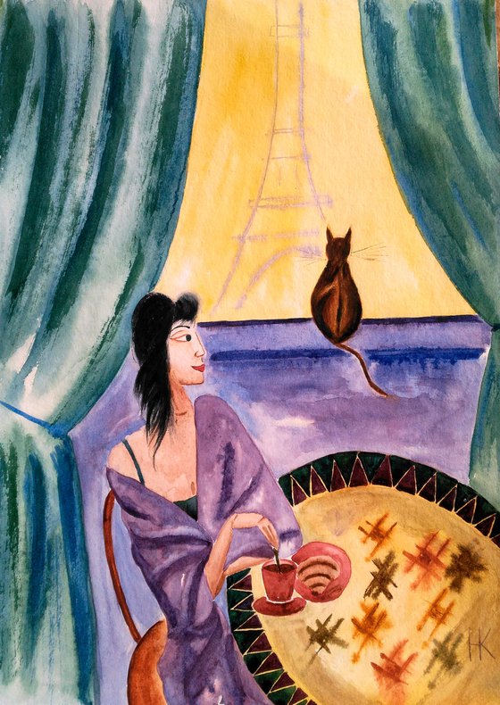Woman and Cat Painting Figurative Original Art Lady and Cat Watercolor Paris Breakfast Artwork Home Wall Art 12 by 17" by Halyna Kirichenko