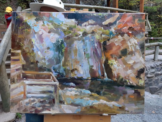 Joseph Howe waterfall, (plein air) original, one of a kind, oil on canvas impressionistic style painting  (18x24")