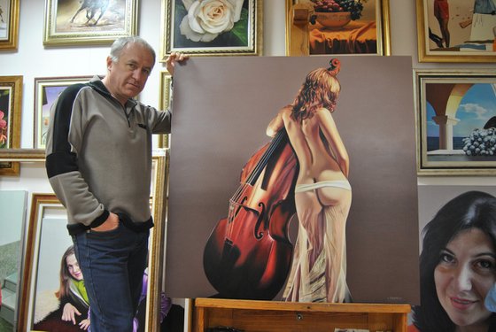 Nude with a double bass Commissioned Portrait, Made to Order Painting, Hyperrealistic Art