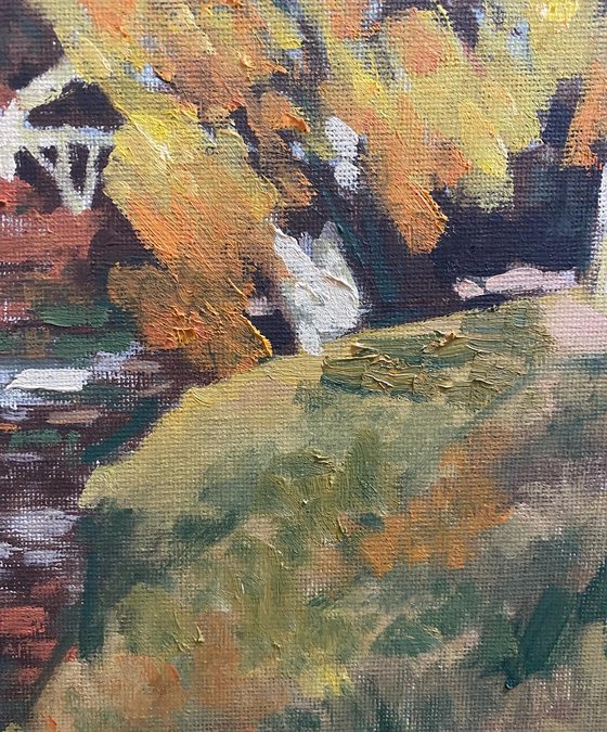 Original Oil Painting Wall Art Artwork Signed Hand Made Jixiang Dong Canvas 25cm × 30cm Trees in Autumn Park small  Impressionism