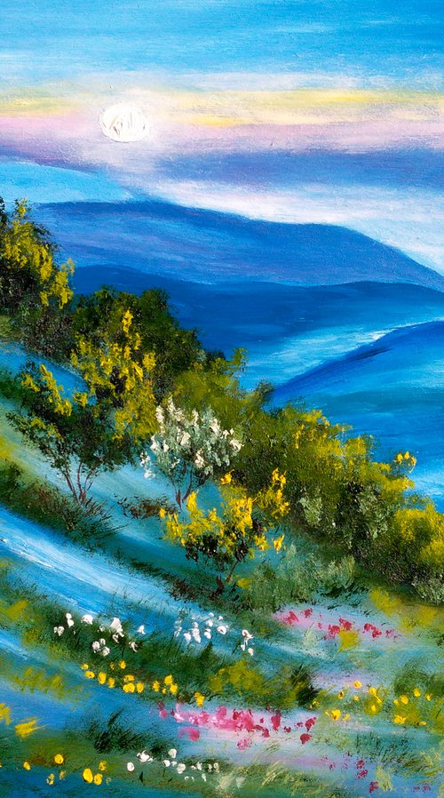 Mountain landscape summer in mountains" My blue mountains" green hills oil landscape impressionistic landscape by Halyna Kirichenko
