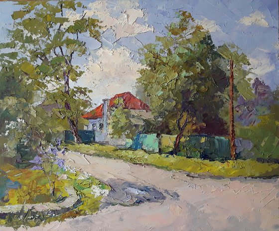 Oil painting House with a red roof