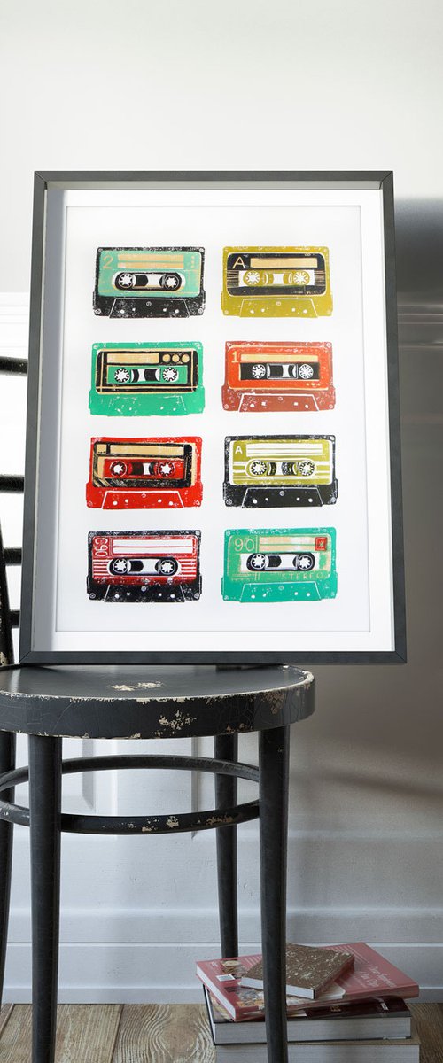 Linocut tapes #9 (cassette tapes, retro music, 70's, 80's rock culture) by Carolynne Coulson