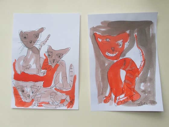 2 crazy cats 8,2 x 5,9 inch unique mixedmedia drawing