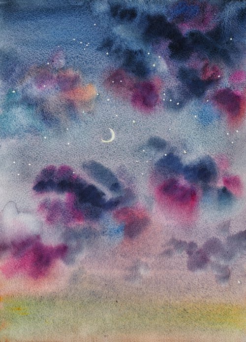New moon - original watercolor sky painting by Delnara El