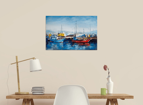 "Ships in the harbor", seascape , yachts