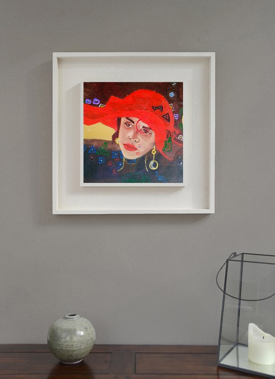 Mary, Woman Portrait Red Hat Painting Original Female Wall Art Modern Artwork