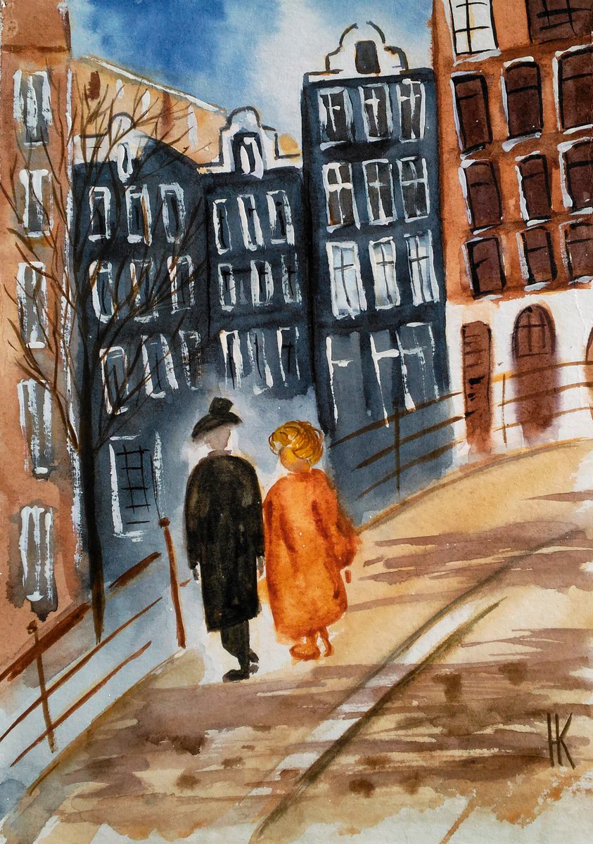 Amsterdam Painting Cityscape Original Art Couple Artwork Stroll Watercolor Walking Small H... by Halyna Kirichenko
