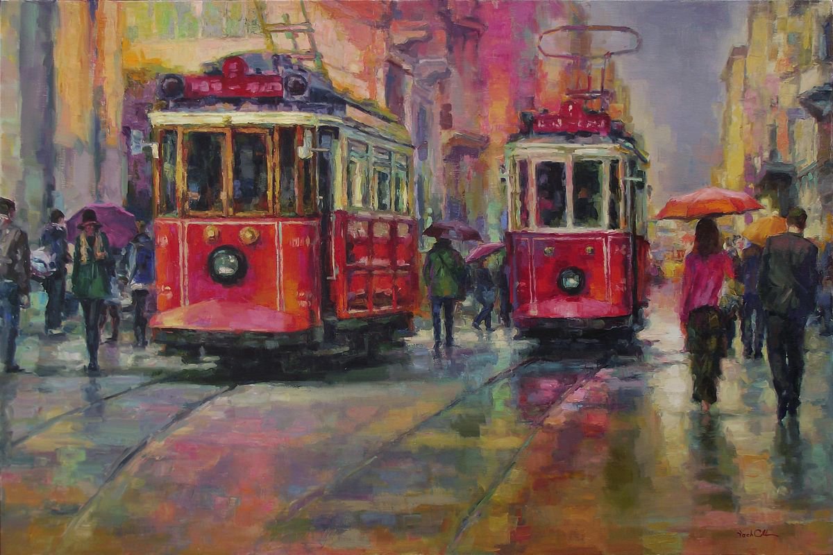 Impressionistic Cityscapes Oil Painting By Vachagan Manukyan, 35 X 24", Street, Original Artwork