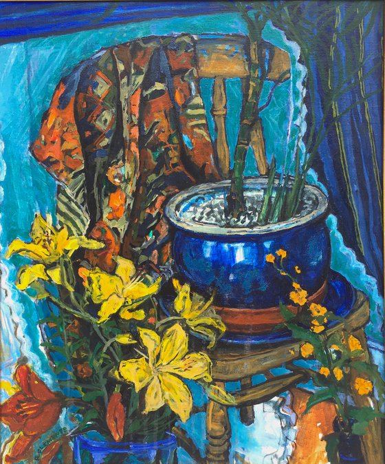 Yellow Lilies in a blue pot