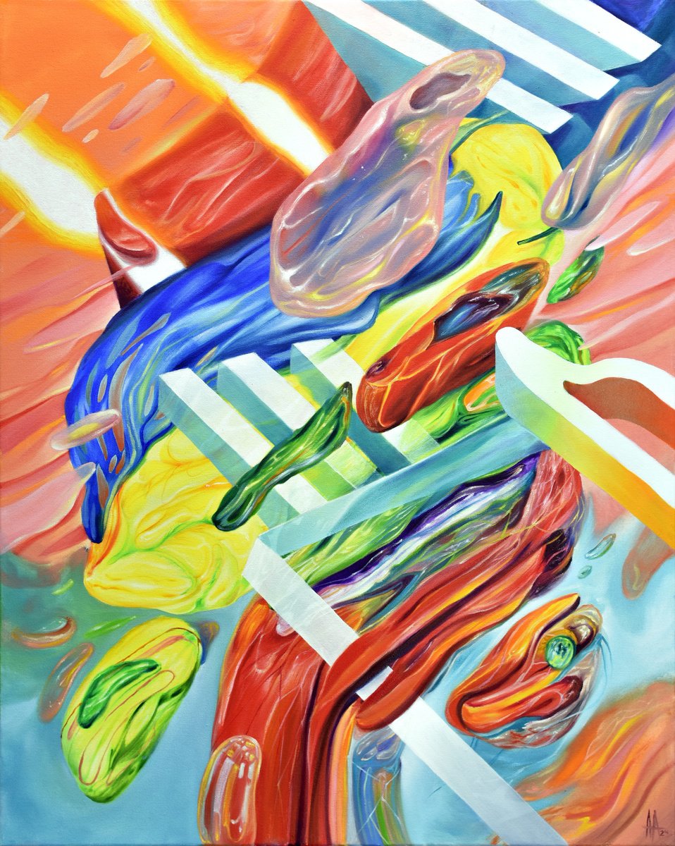 Organic Abstract Oil Painting By Andres Alvarez, 24 X 30, Surface Reflection, Original Artwork