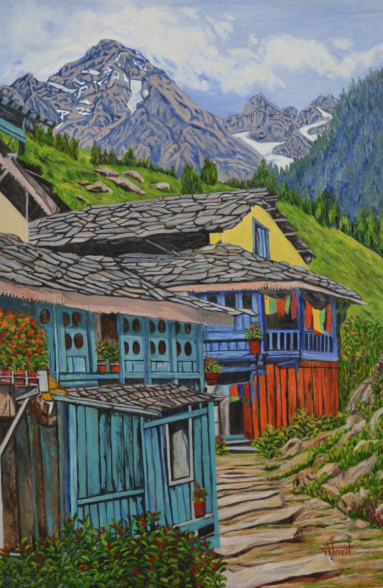 Impressionistic Landscape Oil Painting By Ajay Harit, 24 X 36, Dwellings In The Himalayas, Original Artwork